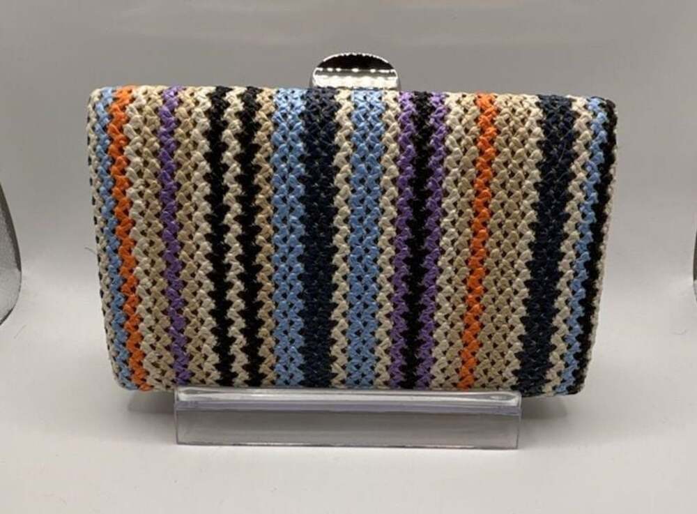 D'MARGEAUX Multicolor Striped Woven Straw Hard-Case Clutch with Silver-Tone Kiss